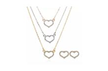 Women Gold Plate Multi layer Necklace Crystal Heart Jewelry Set