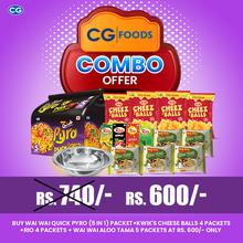 Wai Wai Quick Pyro, Kwik's Cheese Ball, Rio, Aloo Tama Combo Pack