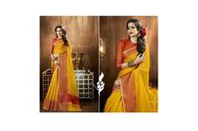 Printed Saree With Unstitched Blouse For Women-Yellow