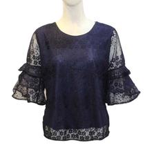 Navy Blue Floral Net Shiny Top For Women