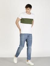 ether Men White & Olive Colourblocked Round Neck T-shirt