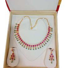 PINK AND GREEN RUBY STONES AND AMERICAN DIAMOND EMBELLISHED NECKLACE SET FOR WOMEN