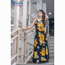 Black/Yellow Floral Print Long Dress For Women