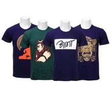 4 PCS Cotton Printed T-Shirts For Men - Navy Blue/ Green/ Blue