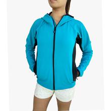 Teal Blue/Black Bonded Fleece Light Jacket With Hood For Women