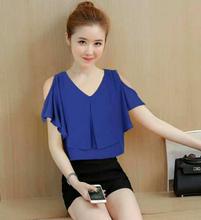 Women Loose Half ButterFly Cut Sleeve V - Neck Chiffon T-shirt - Blue