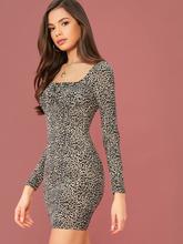 SHEIN Tie Neck Leopard Print Bodycon Dress