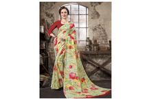Floral Printed Saree With Unstitched Blouse For Women-Green/Red