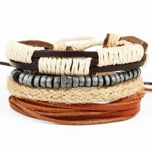 Fashion 4pcs/set Handmade Trendy Vintage Bracelets Female Homme Male Punk Wood Bead Charm Men Leather Bracelet For Women Jewelry