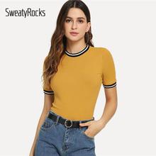 SweatyRocks Rib Knit Striped Female Tees Summer Short Sleeve