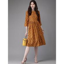 Women Mustard Yellow Fusion Printed A-Line Kurta