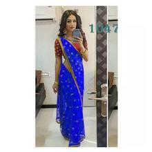 Full Blue Saree With Red Blouse With Soft Net Heavy Embroidery 9mm Sequence Machinary Work