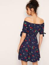 Cherry Print Knot Cuff Off Shoulder Dress