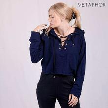 METAPHOR Navy Blue Eyelet Design Hoodie (Plus Size) For Women - MH02D