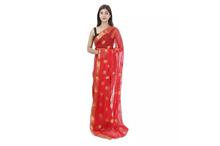 Embroidered Chiffon Saree with Unstitched Blouse For Women- Red/Golden