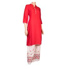 Plain Straight Kurti with white buttom - Red