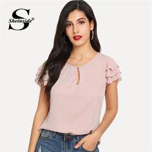 Sheinside Elegant Pink Summer Blouse Women Pearls Beaded