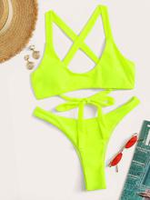 Neon Lime Lace-up Top With Cheeky Bikini Set