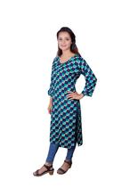 Green/Navy Checkered Front Buttoned Designed Kurti - (BIS2)