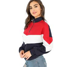 Women Hoodies Multicolor Minimalist O-Ring Zip Front Cut Sew