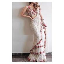 Women's White Sequence Floral Ruffle Georgette Saree With Blouse Piece