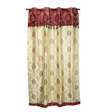 Maroon/Cream Leaf Printed Tasseled Curtain Set - 2 Pcs