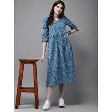 Women Grey & Blue Printed A-Line Fusion Kurta