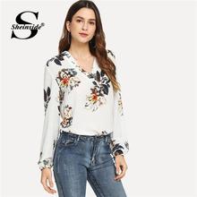 SALE- Sheinside White Elegant V Neck Floral Print Top Long