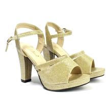 Golden Shiny Glittery Ankle Strap Block Heel Shoes For Women