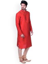 Manyavar Men Red & Beige Self Design Kurta with Churidar