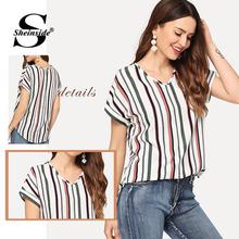 Sheinside V Neck Curved Hem Striped Top Female Short