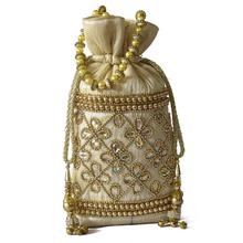 Beige/Golden Floral Stones Studded Pouch Bag For Women