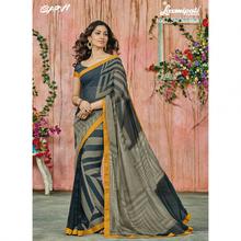 Laxmipati Geometric Design Printed Grey, Blue Georgette Designer Saree with attached Grey Blouse piece for Casual, Party, Festival and Wedding