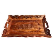 Floral Designed Large Sized Wooden Tray - Brown