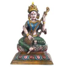 Multicolored Wooden Carved Decorative Saraswati Statue-229