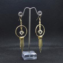 Golden Faux Crystal Adorned Round Metal Tassel Drop Earrings