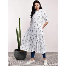 Women White & Grey Printed A-Line Kurta