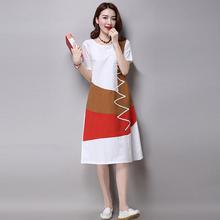 Stitching dress _ round neck short-sleeved cotton and