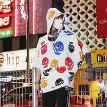 Graffiti Print Fashion Hooded Short Sleeve Street wear Hip Hop Tee Shirt - White