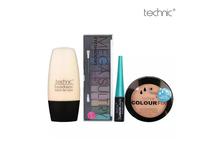 Technic Combo Of 4 Technic Mega Sultry Eyeshadow,Technic Foundation- Light , Technic Pressed powder-Bisque & Technic Liquid Liner