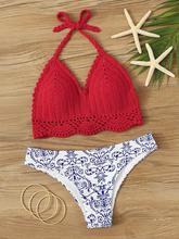 Crochet Halter Top With Porcelain Print Bikini Set