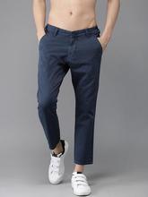 Men Navy Blue Slim Fit Solid Cropped Chinos