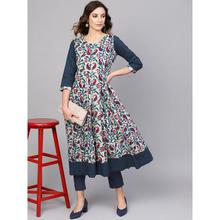 Women Navy Blue & Off-White Printed A-Line Kurta