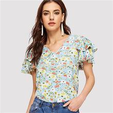 SHEIN V-neck Layered Flutter Sleeve Floral Top Blouse Ladies