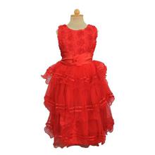 Red Roses Designed Netted Sleeveless Party Dress For Girls