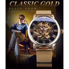 Forsining GMT838-61 Skeleton Hand Winding Mechanical Watch with Mesh Band - Black/Golden