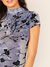 SHEIN Mock-Neck Floral Print Tie Dye Fitted Dress