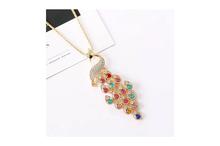 Gold Toned Colorful Long Peacock Pedant Necklace