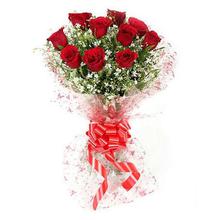 11 Red Roses With Cellophane Paper Packing Bouquet