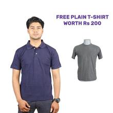 Navy Blue Polo T-shirt with Free Grey Plain T-shirt